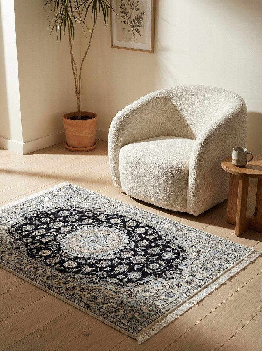 Nain 6La — Handgefertigt, 157x103 cm, Beige, 100% Virgin Wool | Detail view