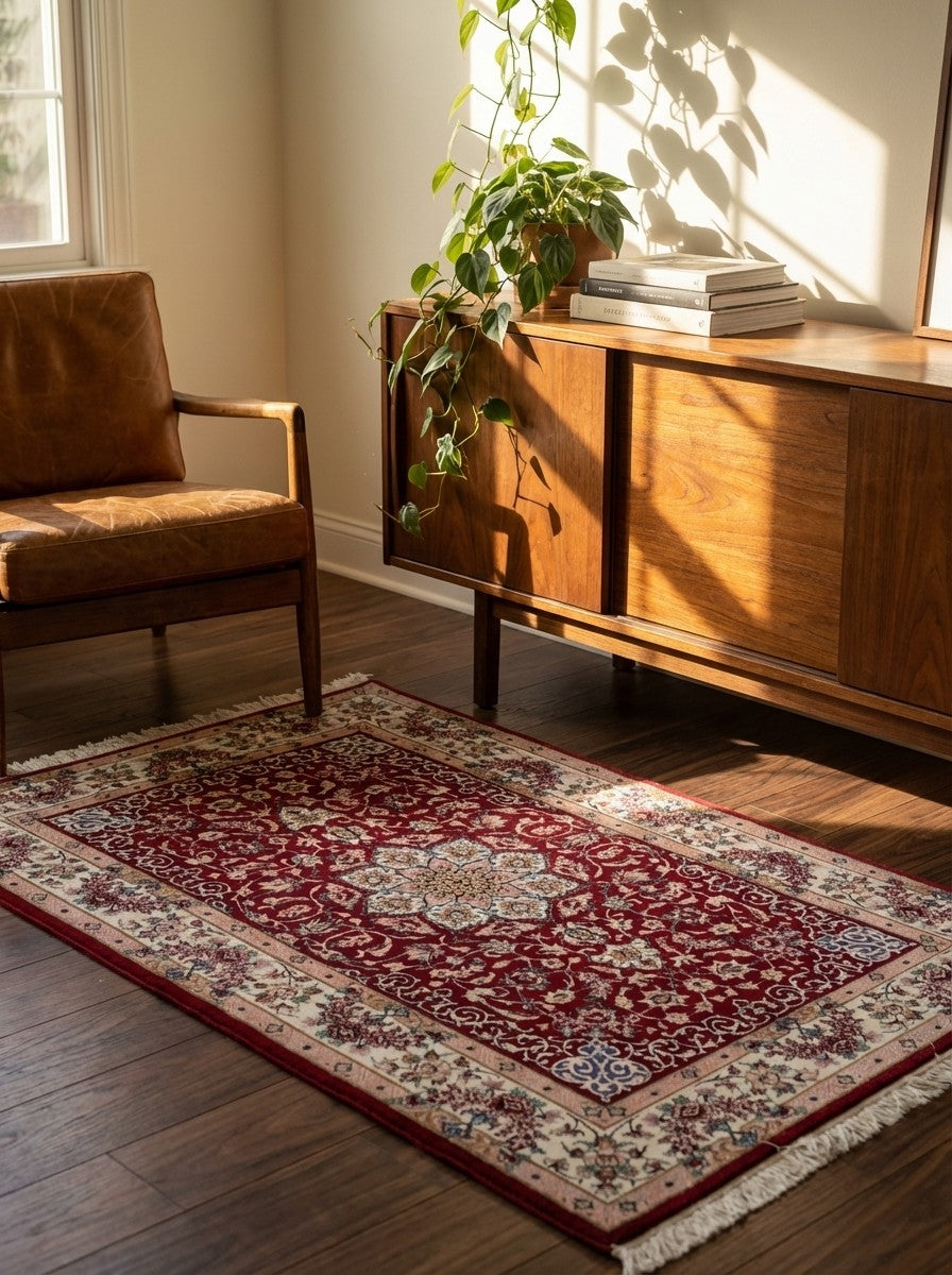 Isfahan — Hand-knotted, 107x164 cm, Red, 90% Schurwolle, 10% Seide | Back view