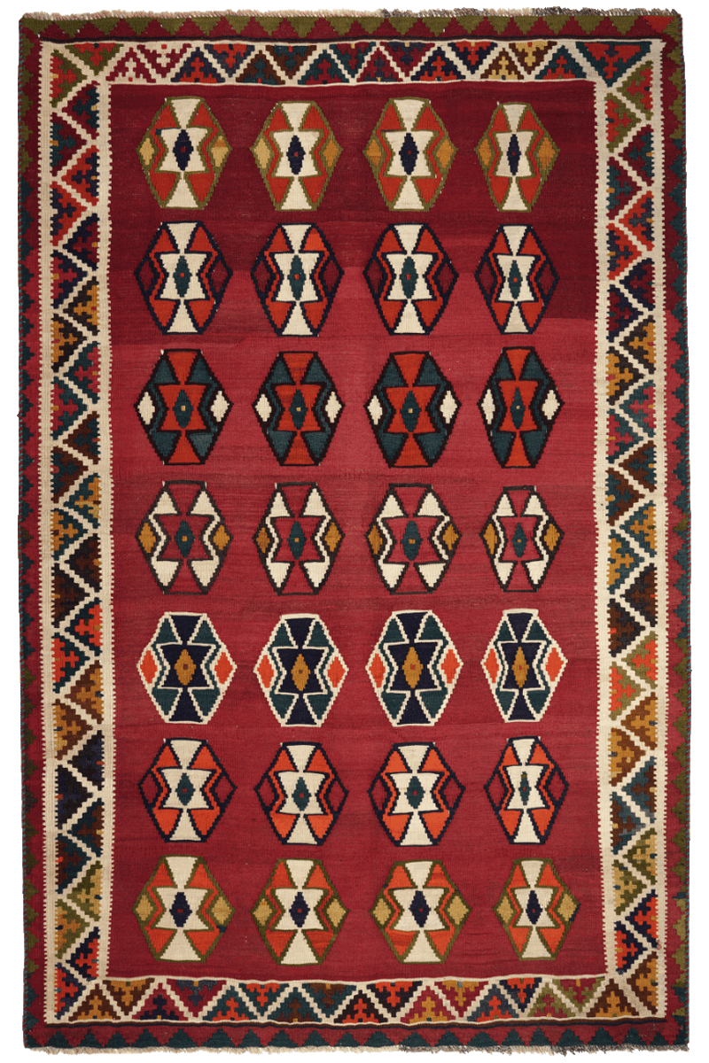 Kelim Gashgai Old — Handmade, 147x232 cm, Red, 100% Virgin Wool | Main view