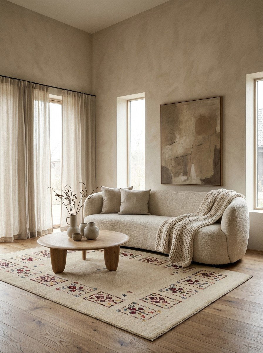 Rizbaf — Handgefertigt, 180x119 cm, Beige, 100% Virgin Wool | Detail view