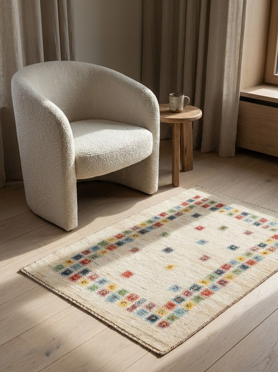 Rizbaf — Hand-knotted, 81x122 cm, Beige, 100% Virgin Wool | Detail view