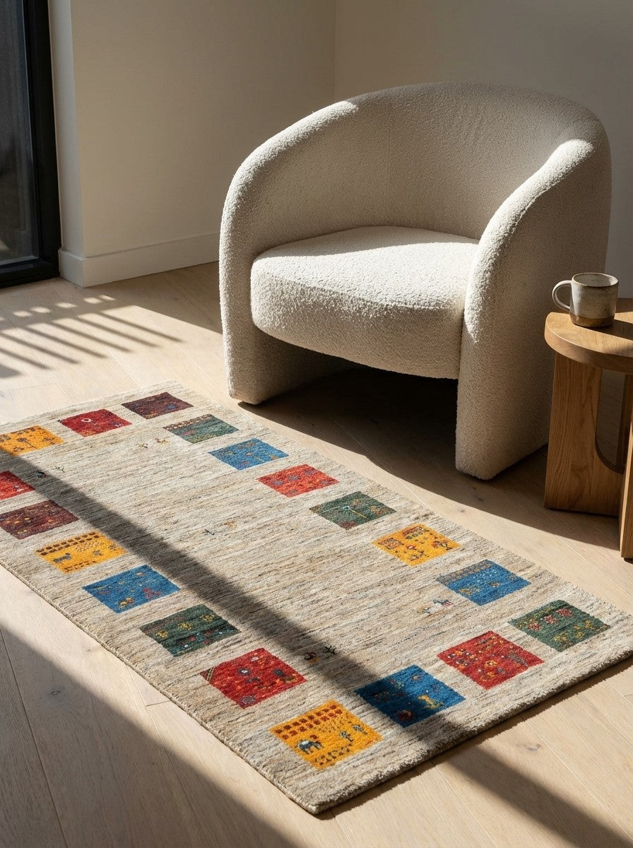 Rizbaf — Hand-knotted, 73x153 cm, Beige, 100% Virgin Wool | Detail view
