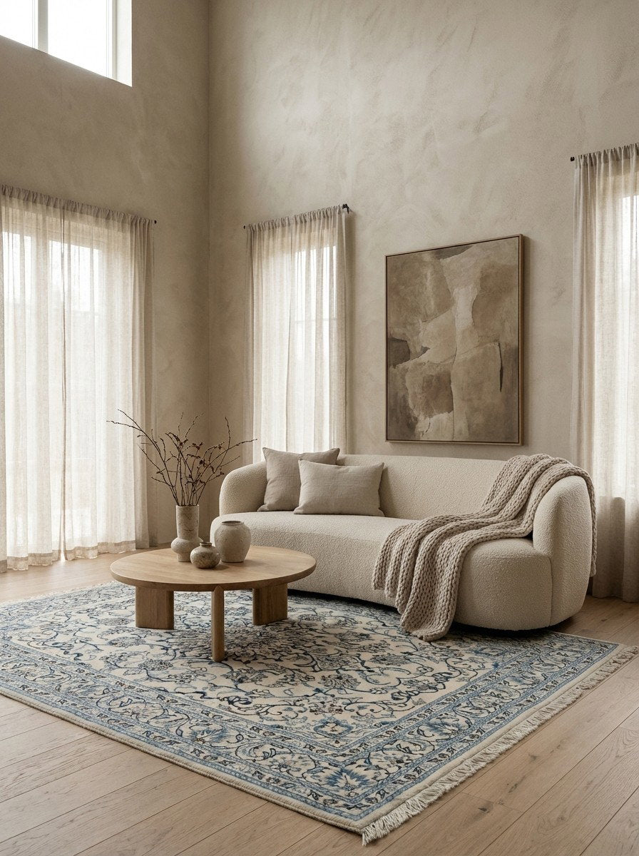 Nain 12La — Handgefertigt, 197x147 cm, Beige,blau, 100% Virgin Wool | Detail view