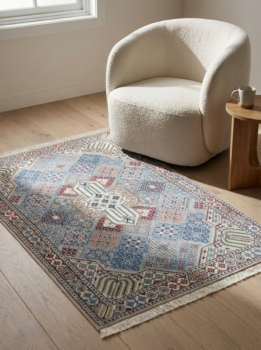 Nain 6La — Handgefertigt, 144x105 cm, Beige, 100% Virgin Wool | Detail view