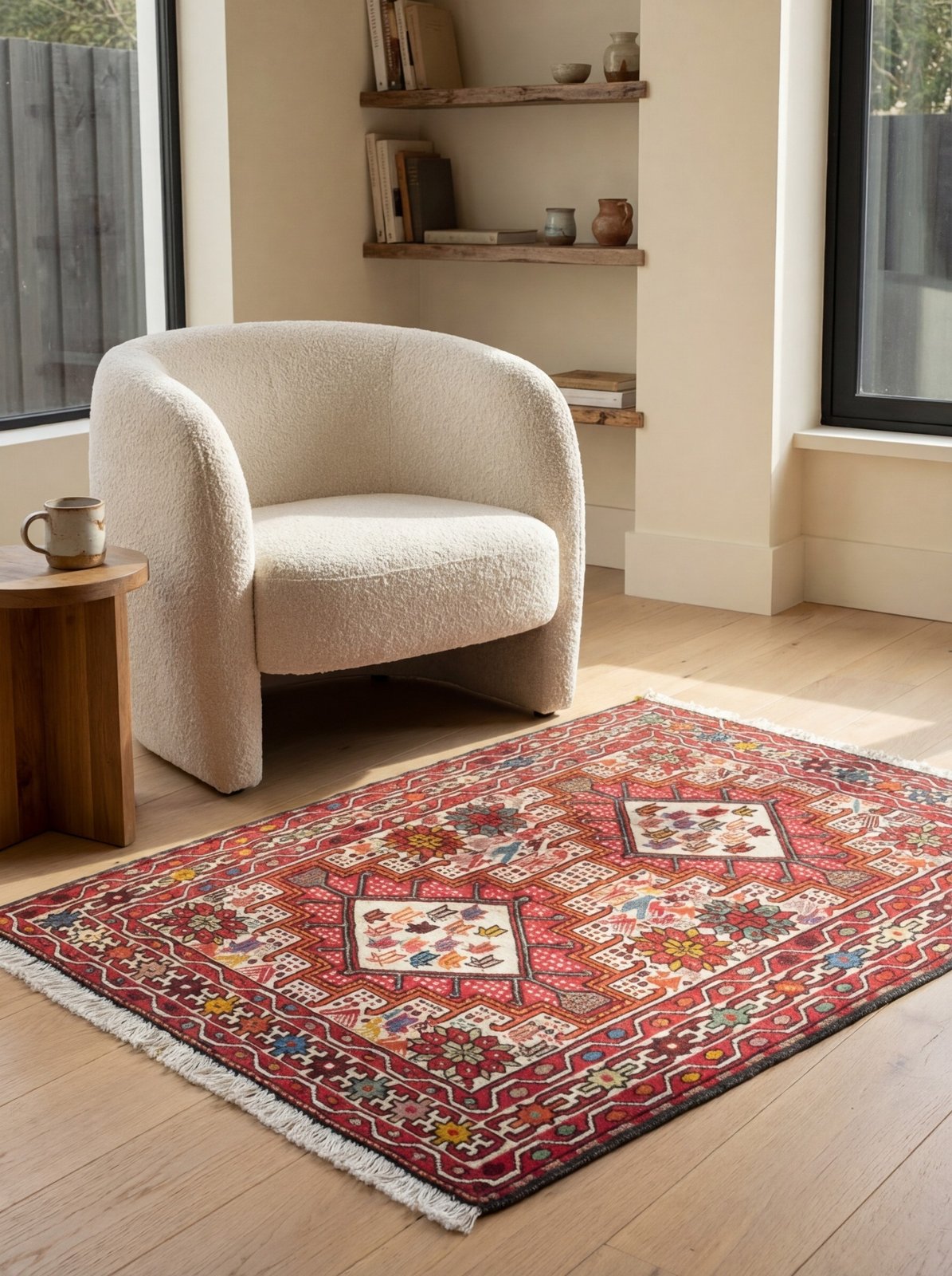 Sumak Shahsavan — Handmade, 79x99 cm, Beige, 100% Virgin Wool | Detail view