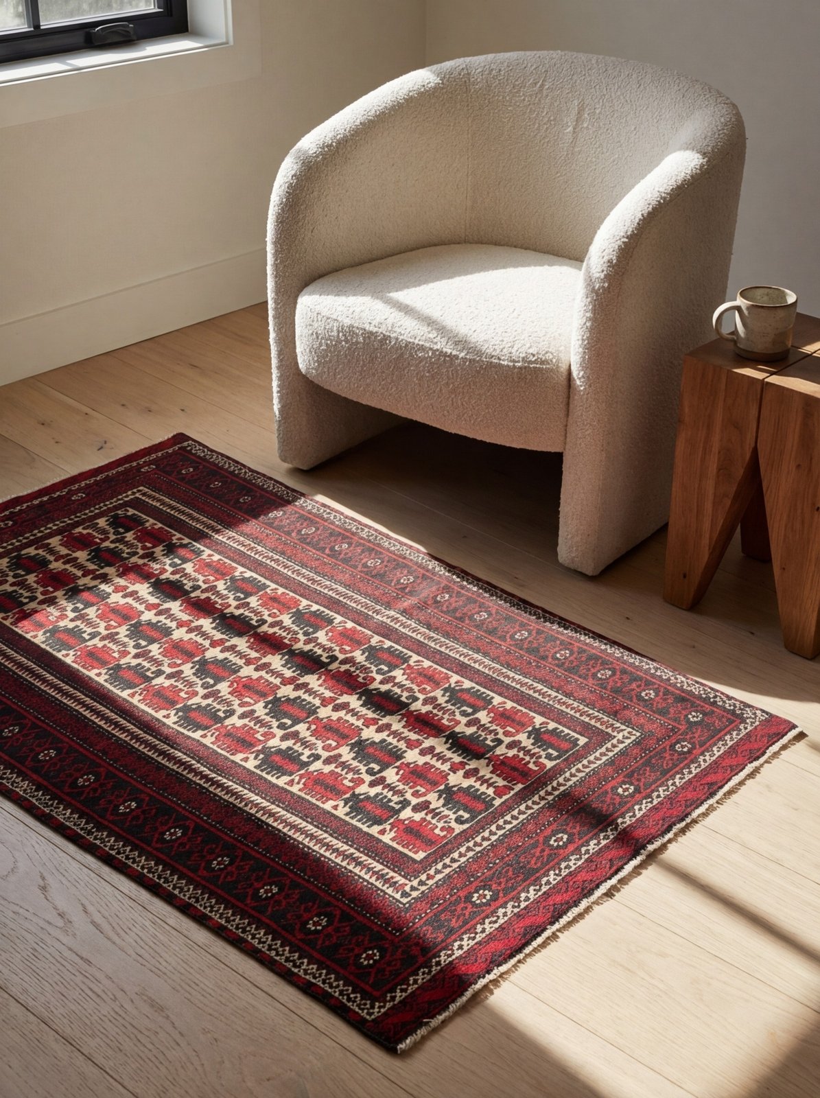 Belutch — Hand-knotted, 99x177 cm, Beige, 100% Virgin Wool | Detail view