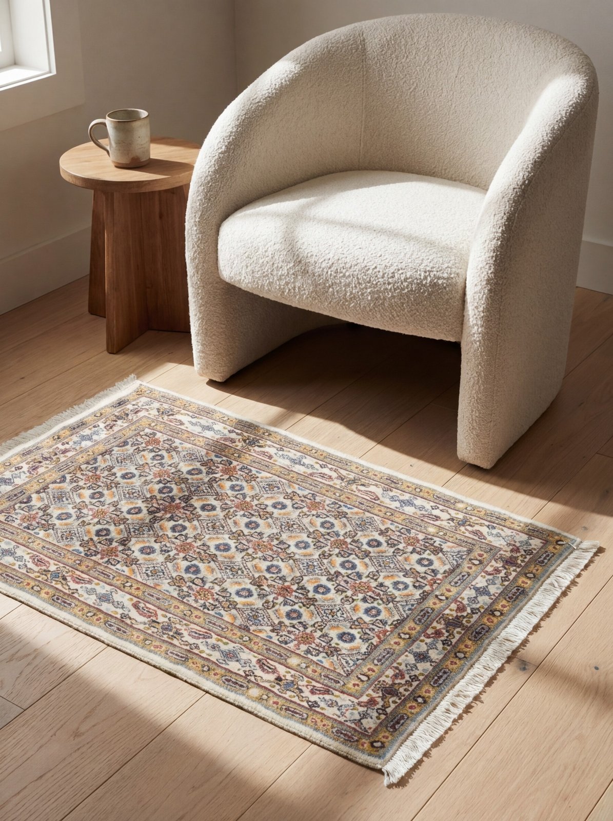 Moud Mahi — Hand-knotted, 59x86 cm, Beige, 100% Virgin Wool | Detail view