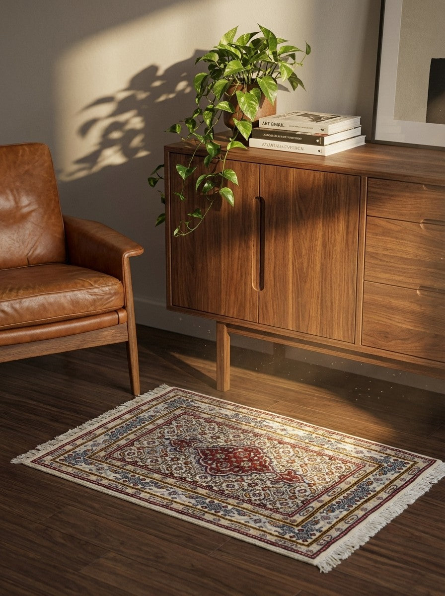 Moud Mahi — Hand-knotted, 56x86 cm, Beige, 100% Virgin Wool | Back view