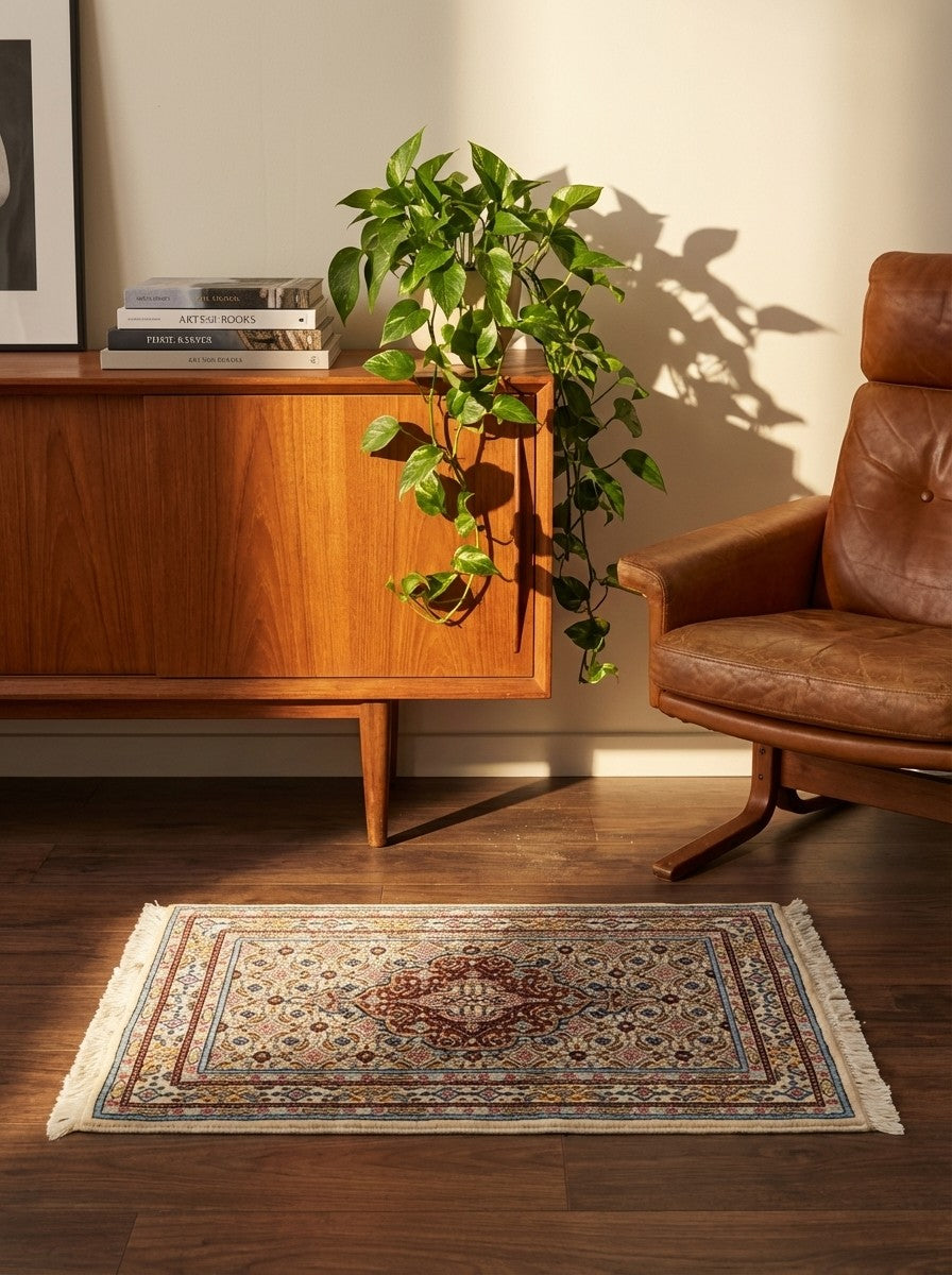 Moud Mahi — Hand-knotted, 61x88 cm, Beige, 100% Virgin Wool | Back view