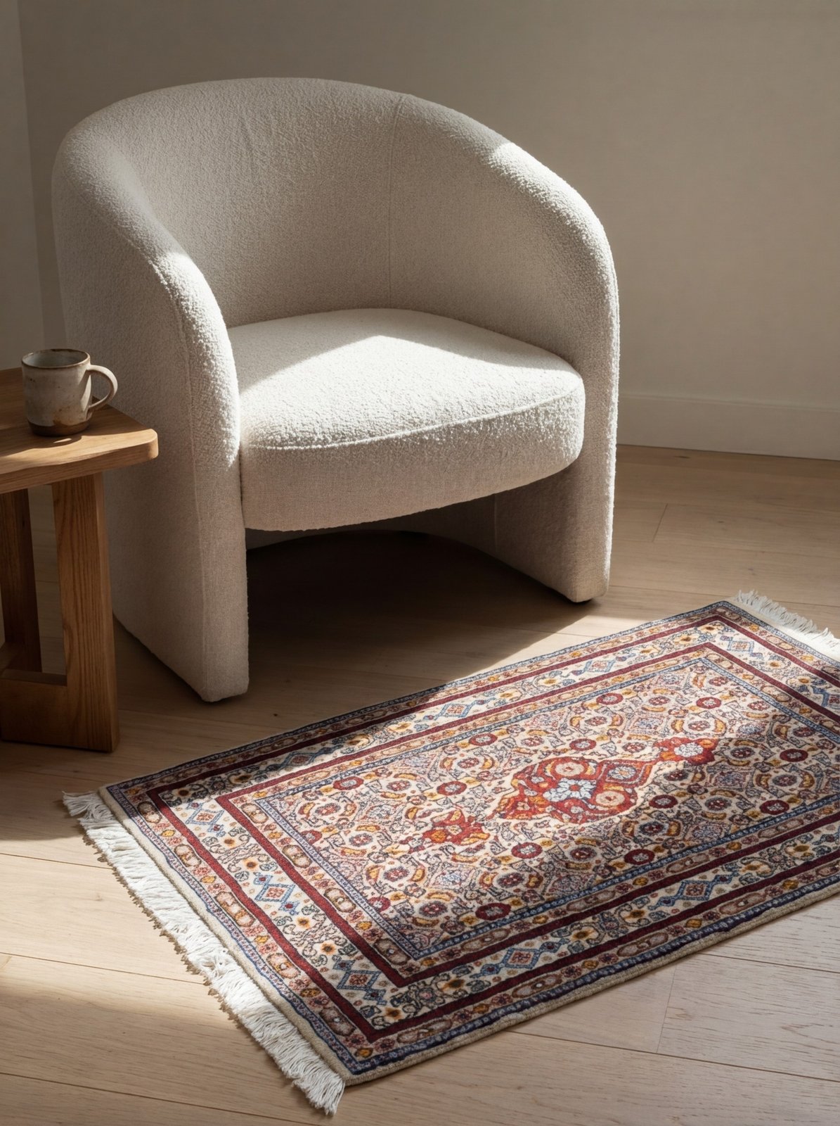 Moud Mahi — Hand-knotted, 58x88 cm, Beige, 100% Virgin Wool | Detail view