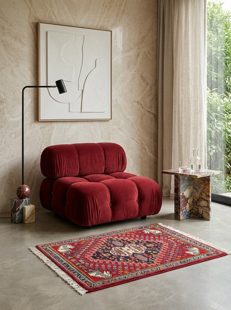 Gashgai — Hand-knotted, 63x59 cm, Red, 100% Virgin Wool | Detail view