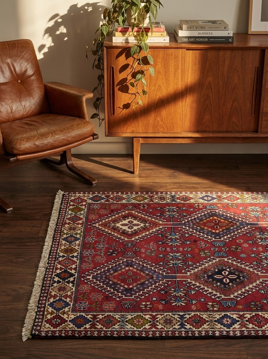 Yalameh — Hand-knotted, 101x142 cm, Red, 100% Virgin Wool | Back view