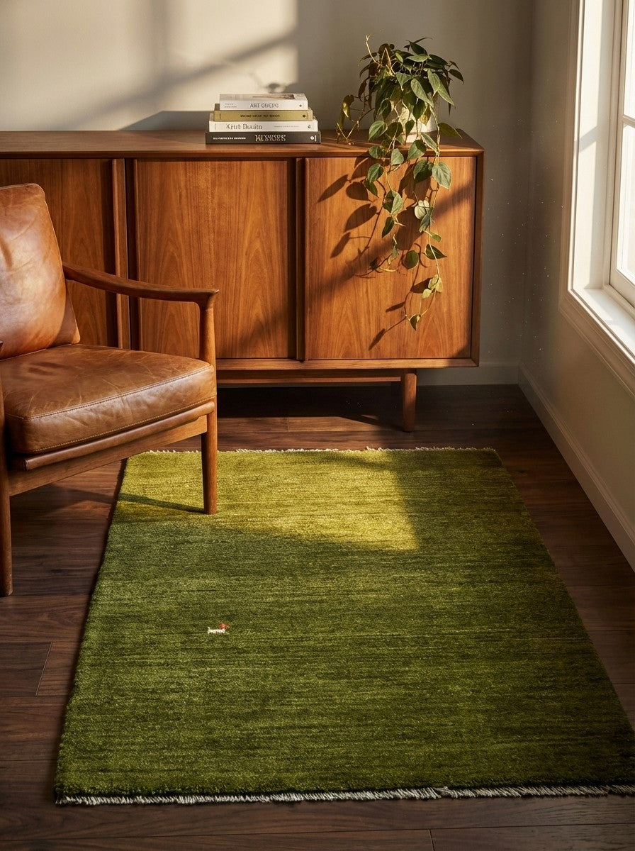 Gabbeh — Hand-knotted, 85x115 cm, Green, 100% Virgin Wool | Back view