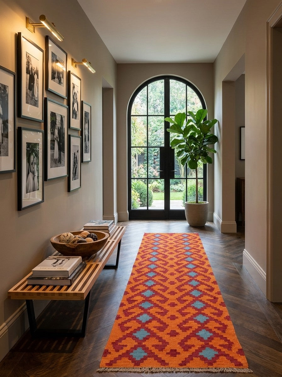 Kelim Gashgai — Handmade, 60x245 cm, Orange, 100% Virgin Wool | Detail view