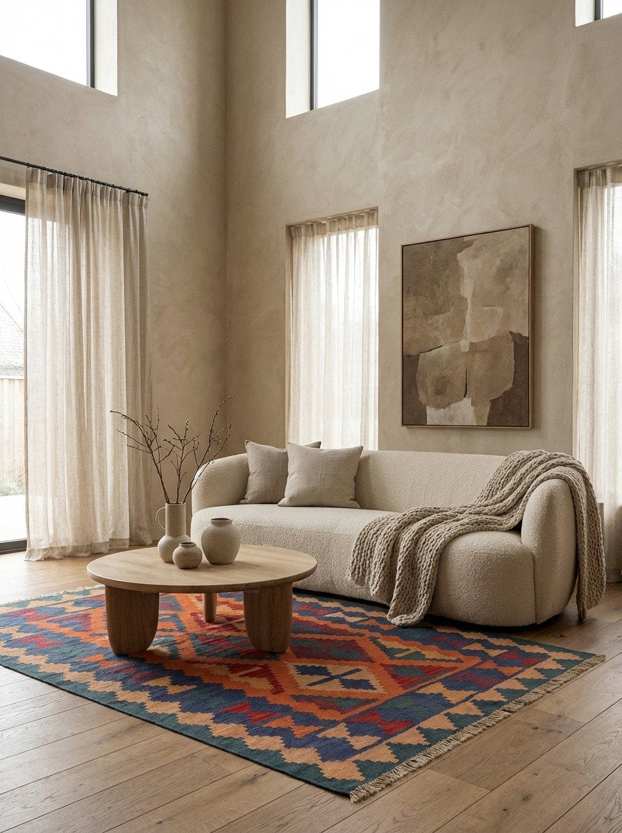 Kelim Gashgai — Handgefertigt, 169x122 cm, Blau, 100% Virgin Wool | Detail view