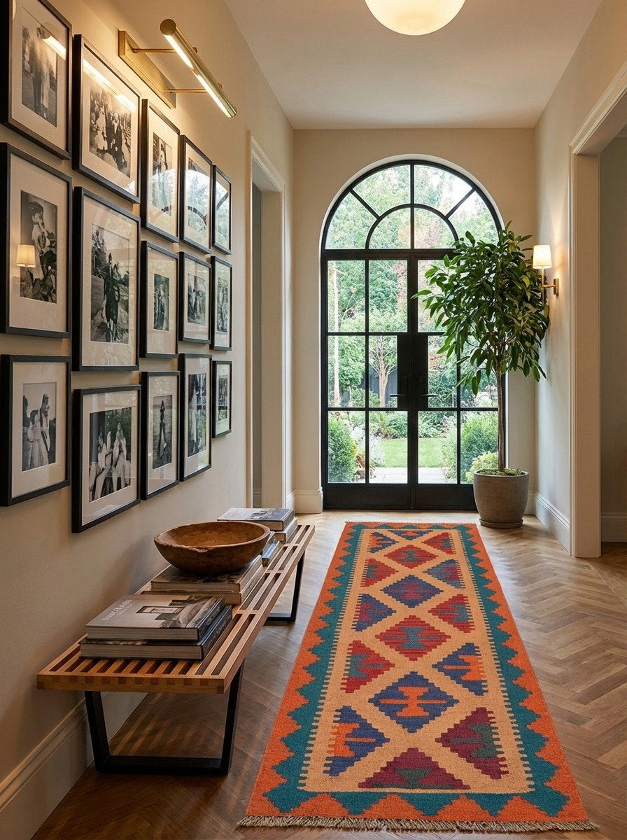 Kelim Gashgai — Handgefertigt, 196x57 cm, Blau, 100% Virgin Wool | Detail view