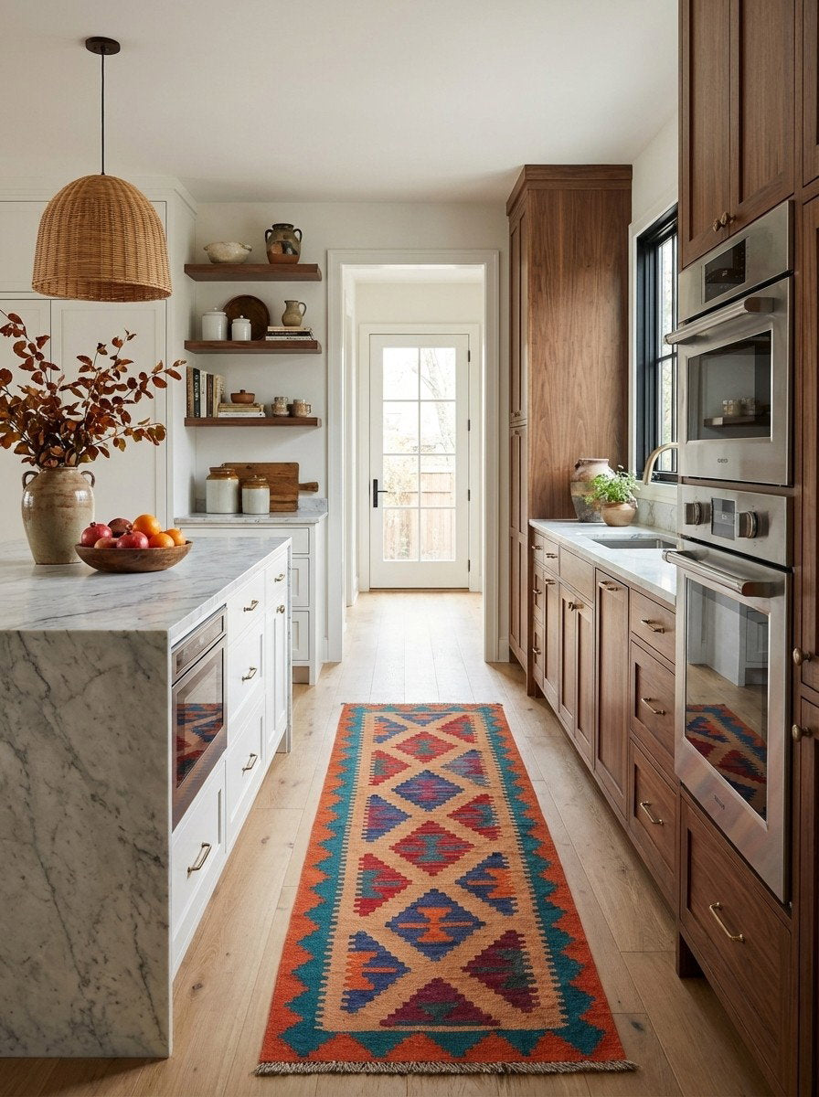 Kelim Gashgai — Handgefertigt, 196x57 cm, Blau, 100% Virgin Wool | Back view