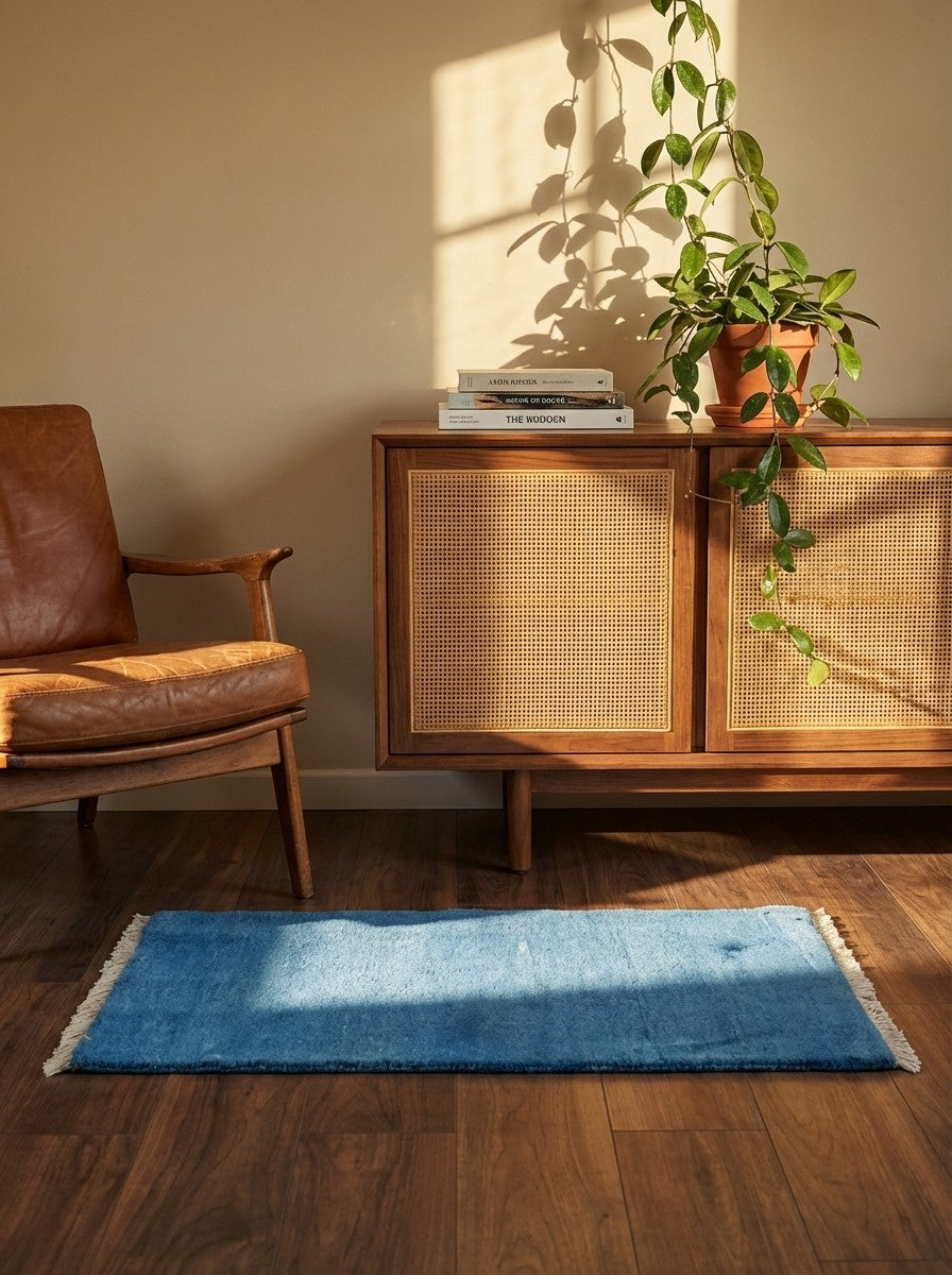Gabbeh — Hand-knotted, 63x89 cm, Blue, 100% Virgin Wool | Back view