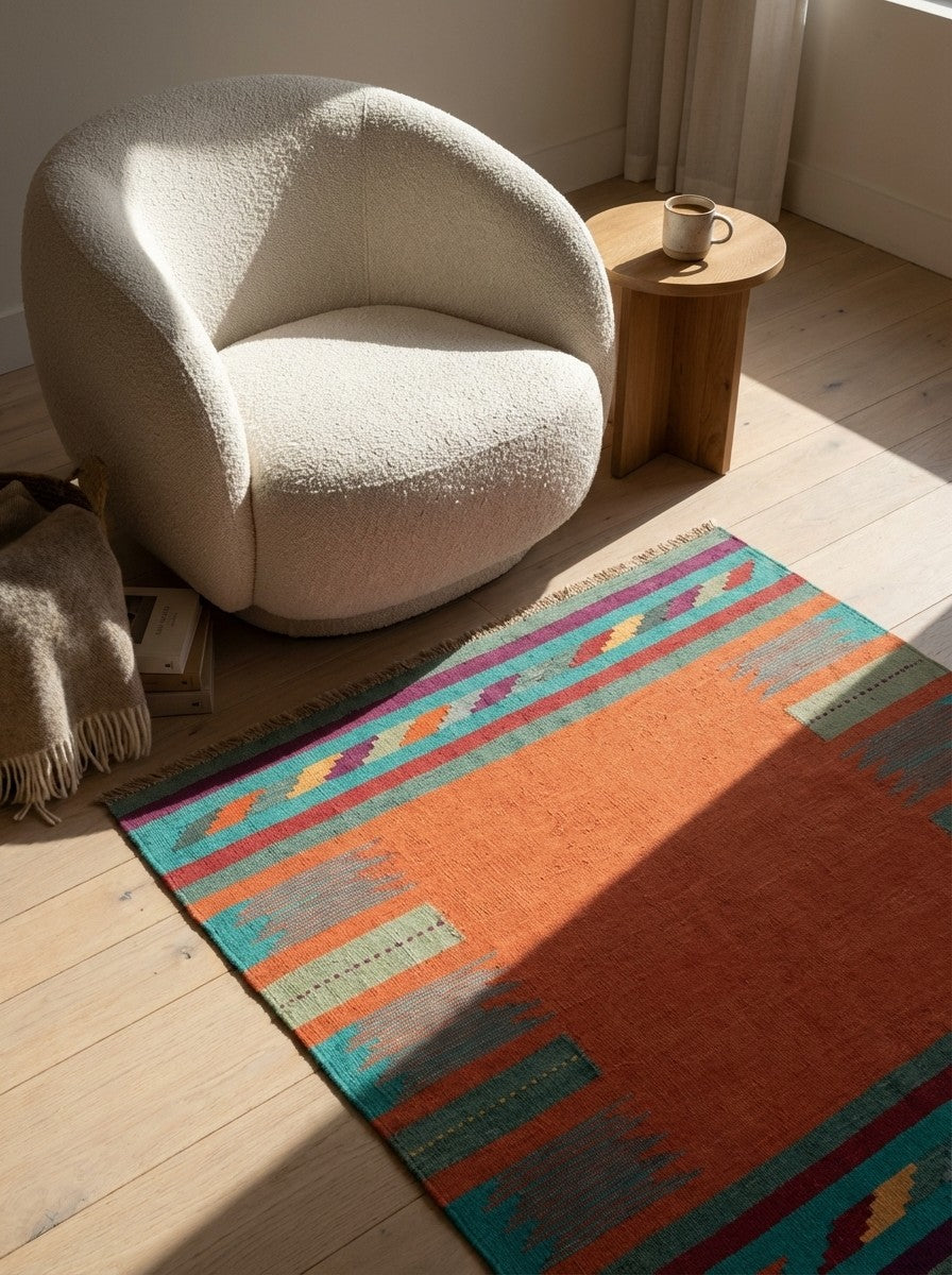 Kelim Gashgai — Handmade, 129x145 cm, Red, 100% Virgin Wool | Detail view