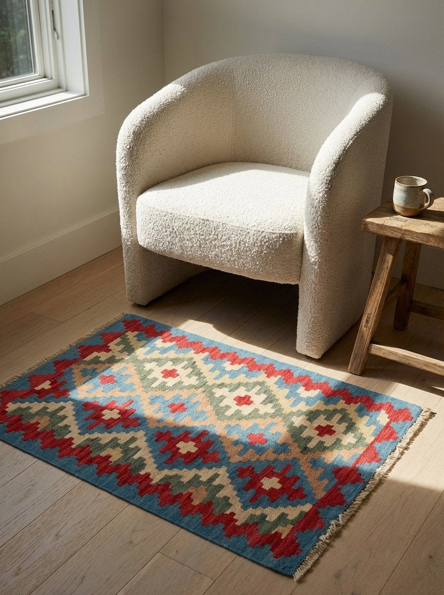 Kelim Gashgai — Handgefertigt, 92x66 cm, Durchgemustert, 100% Virgin Wool | Detail view