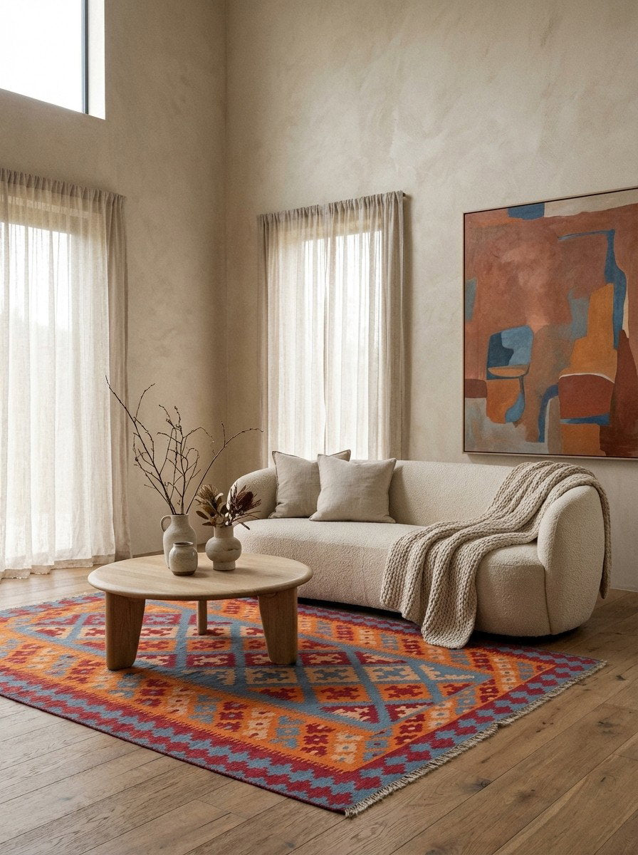 Kelim Gashgai — Handgefertigt, 202x159 cm, Orange, 100% Virgin Wool | Detail view