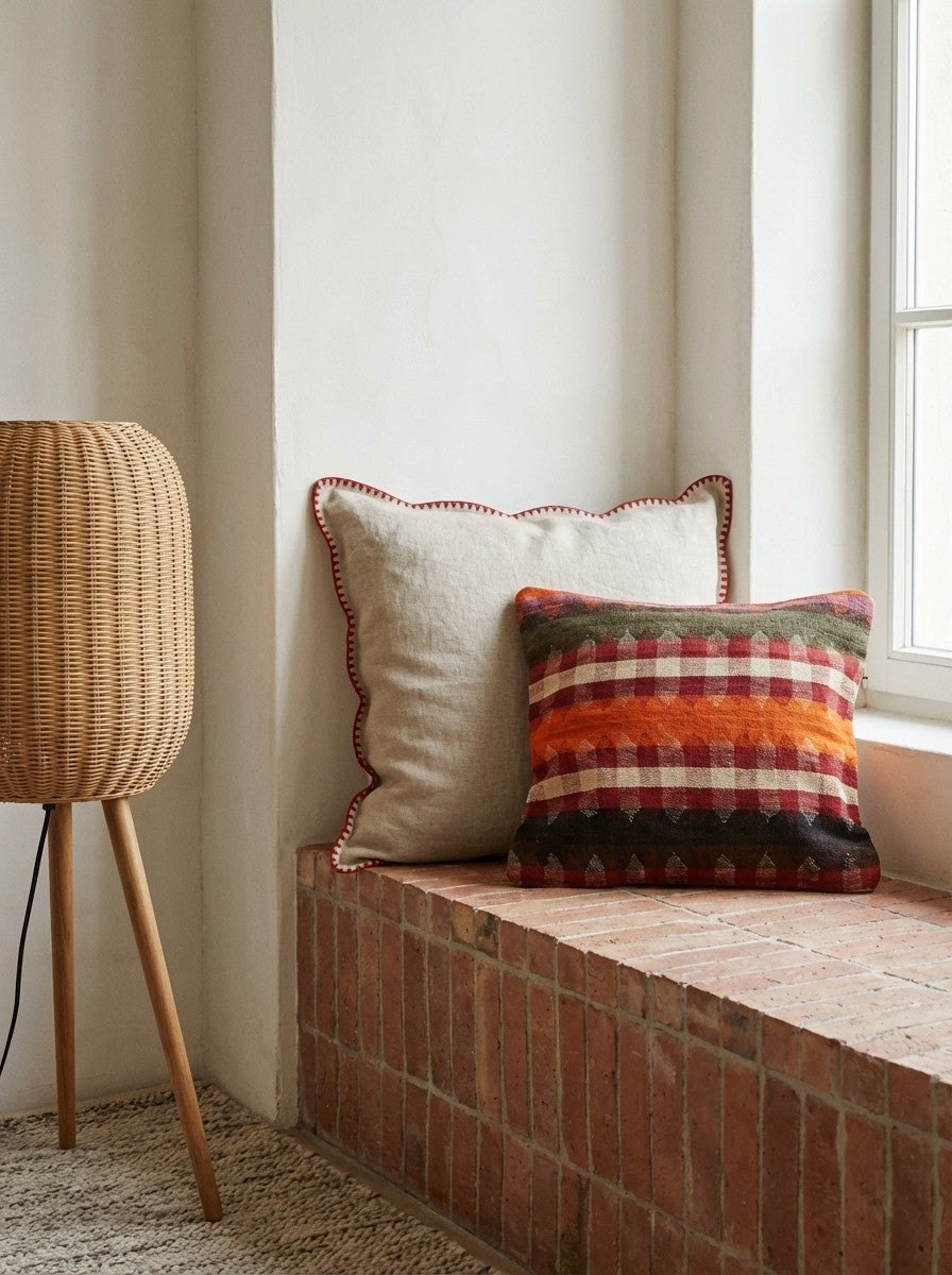 Kelim Kissen — Handmade, 65x65 cm, Multicolor, 100% Virgin Wool | Back view