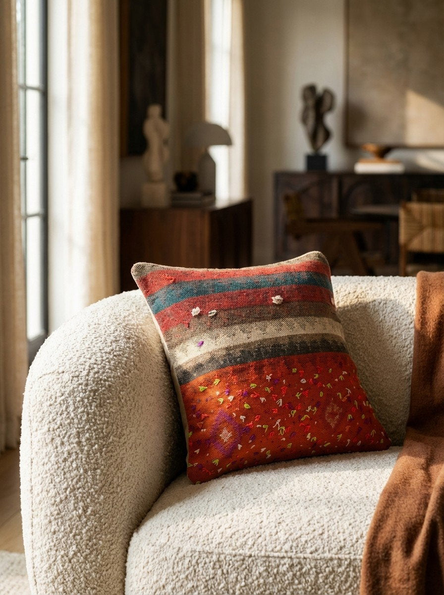 Kelim Kissen — Handgefertigt, 65x65 cm, Bunt, 100% Virgin Wool | Detail view