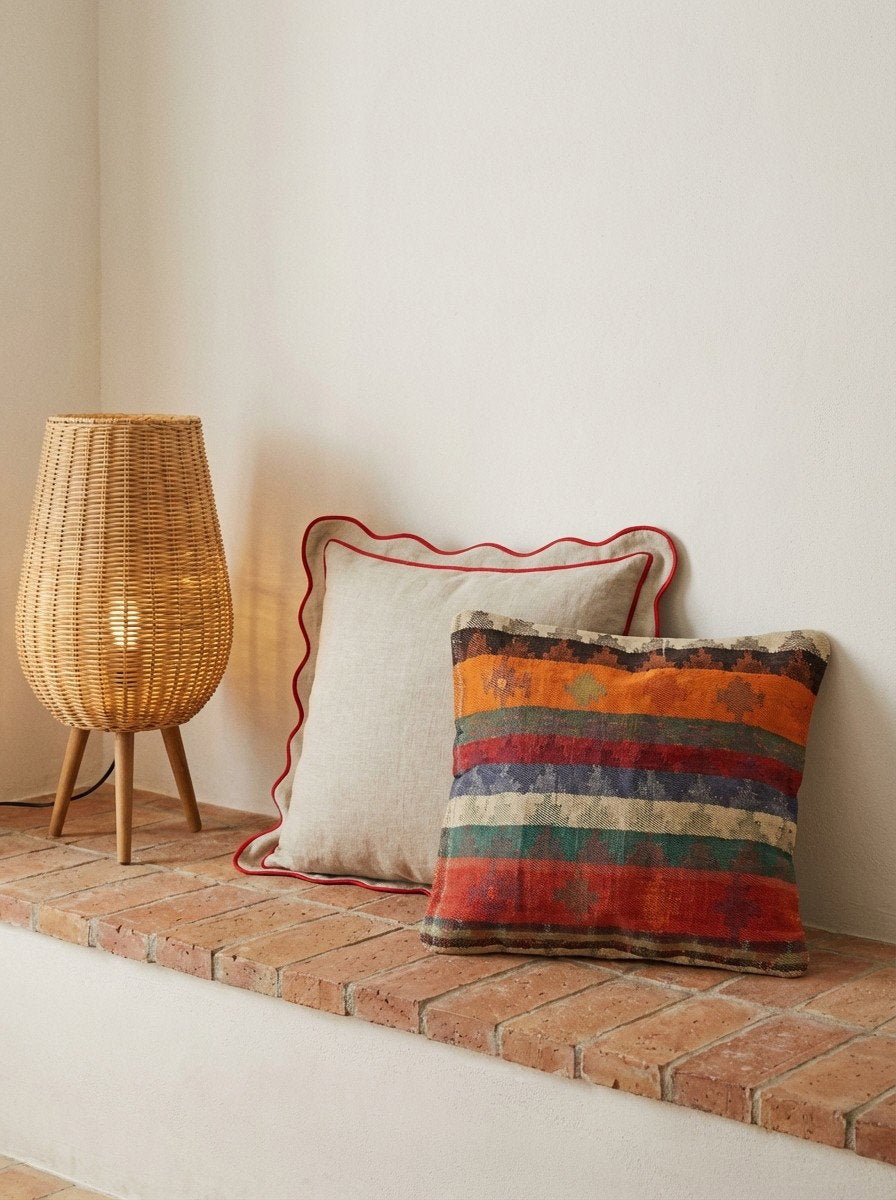 Kelim Kissen — Handgefertigt, 65x65 cm, Bunt, 100% Virgin Wool | Detail view