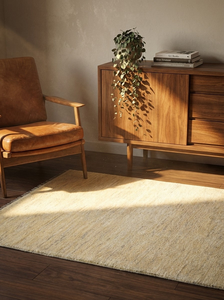 Gabbeh — Hand-knotted, 95x146 cm, Beige, 100% Virgin Wool | Back view