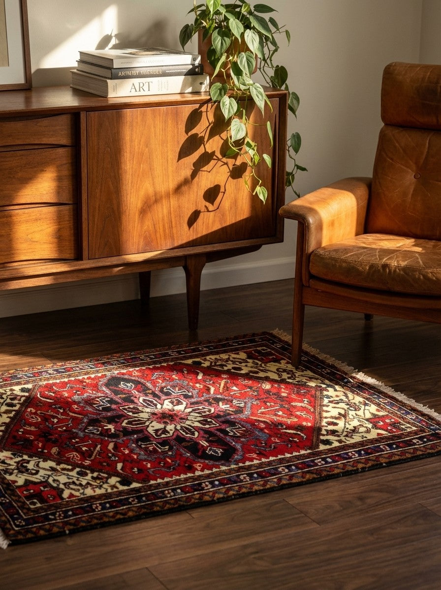 Mehrewan — Hand-knotted, 105x136 cm, Red, 100% Virgin Wool | Back view