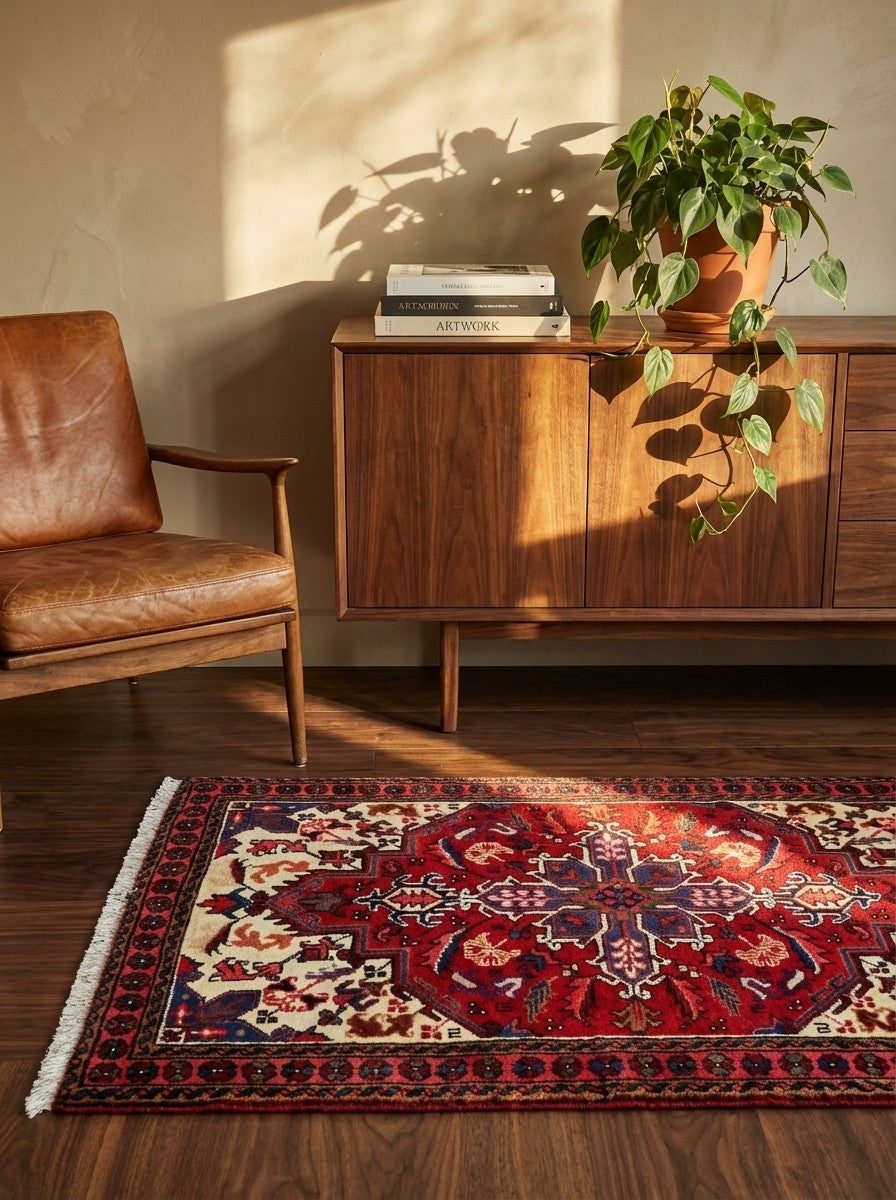 Mehrewan — Hand-knotted, 102x137 cm, Red, 100% Virgin Wool | Back view