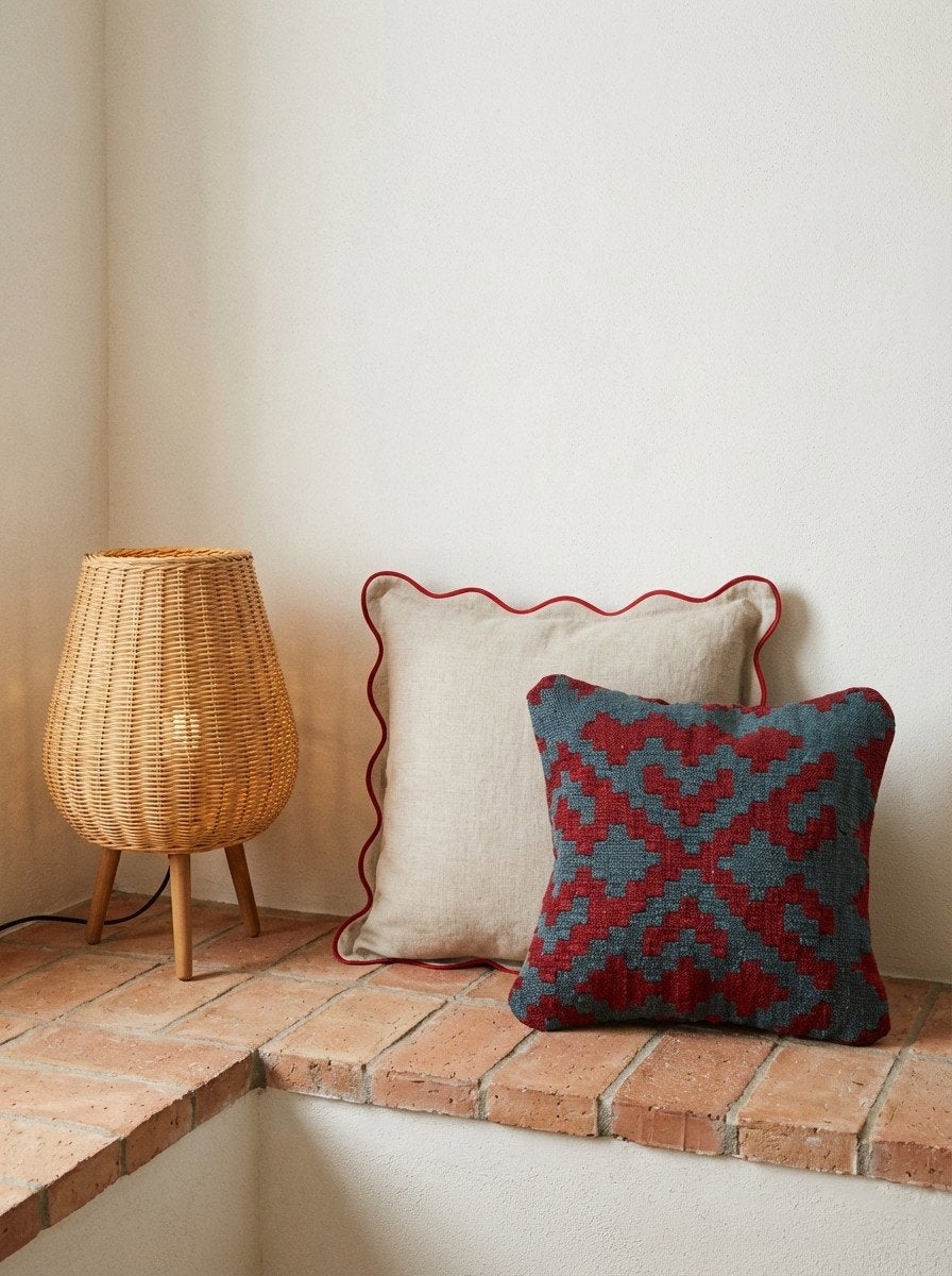 Kelim Kissen — Handgefertigt, 40x40 cm, Bunt, 100% Virgin Wool | Detail view