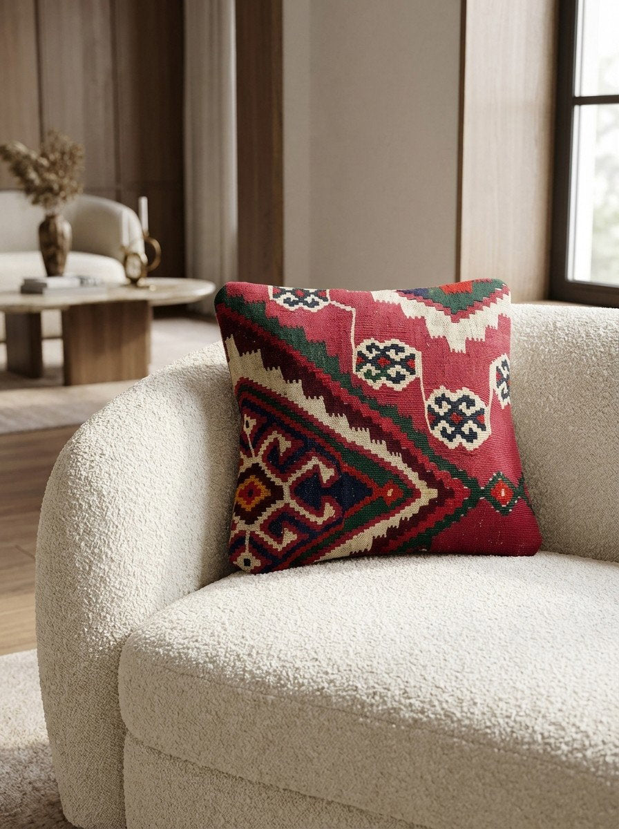 Kelim Kissen — Handgefertigt, 40x40 cm, Bunt, 100% Virgin Wool | Detail view