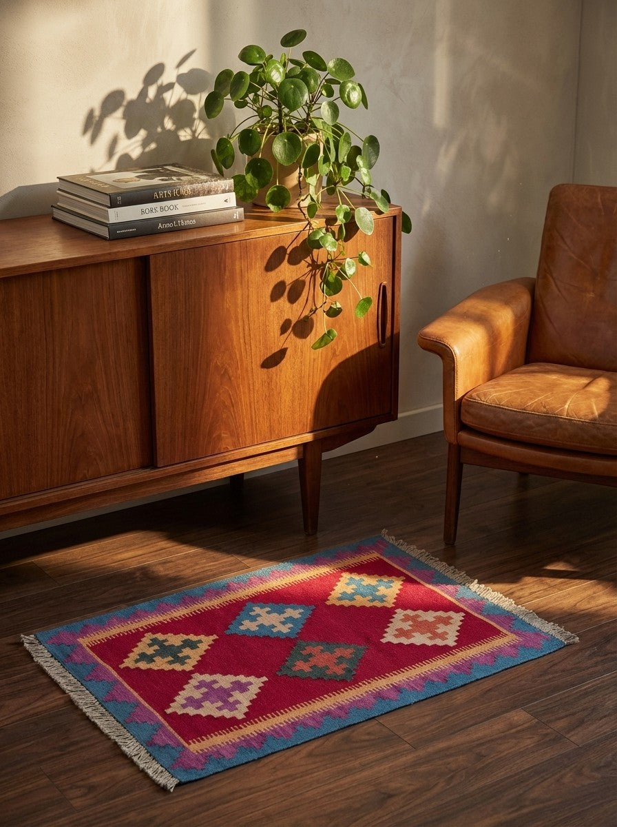 Kelim Gashgai — Handmade, 63x87 cm, Red, 100% Virgin Wool | Back view