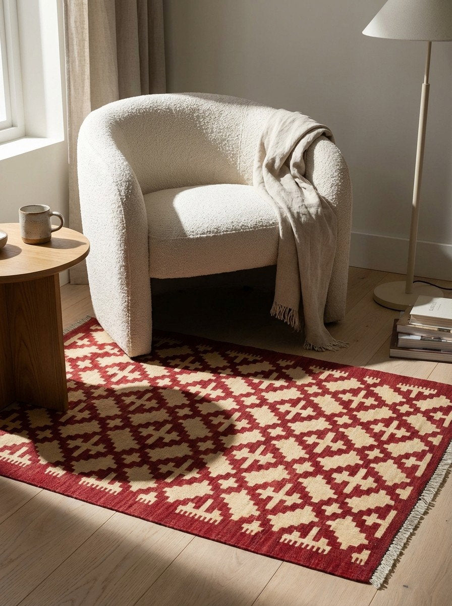 Kelim Gashgai — Handgefertigt, 122x82 cm, Rot, 100% Virgin Wool | Detail view