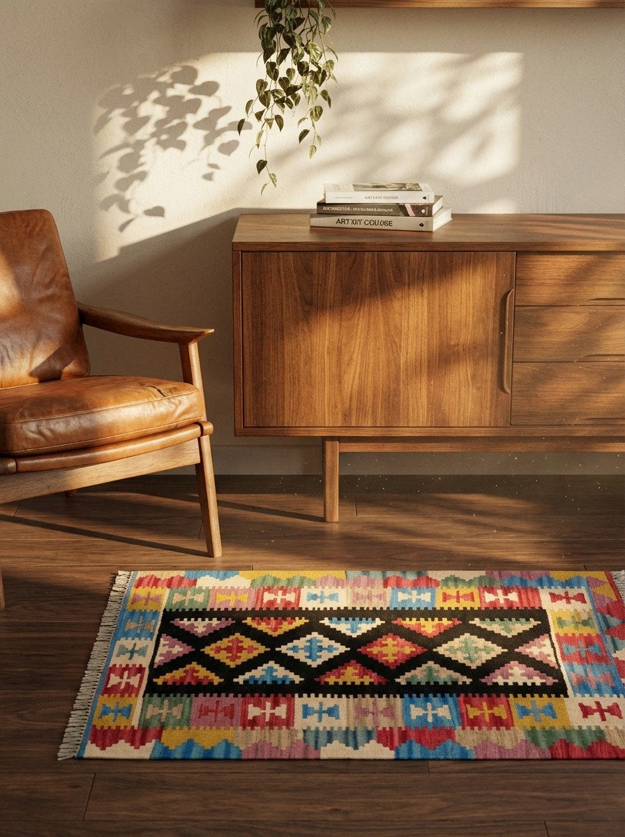 Kelim Gashgai — Handgefertigt, 123x84 cm, Bunt, 100% Virgin Wool | Back view