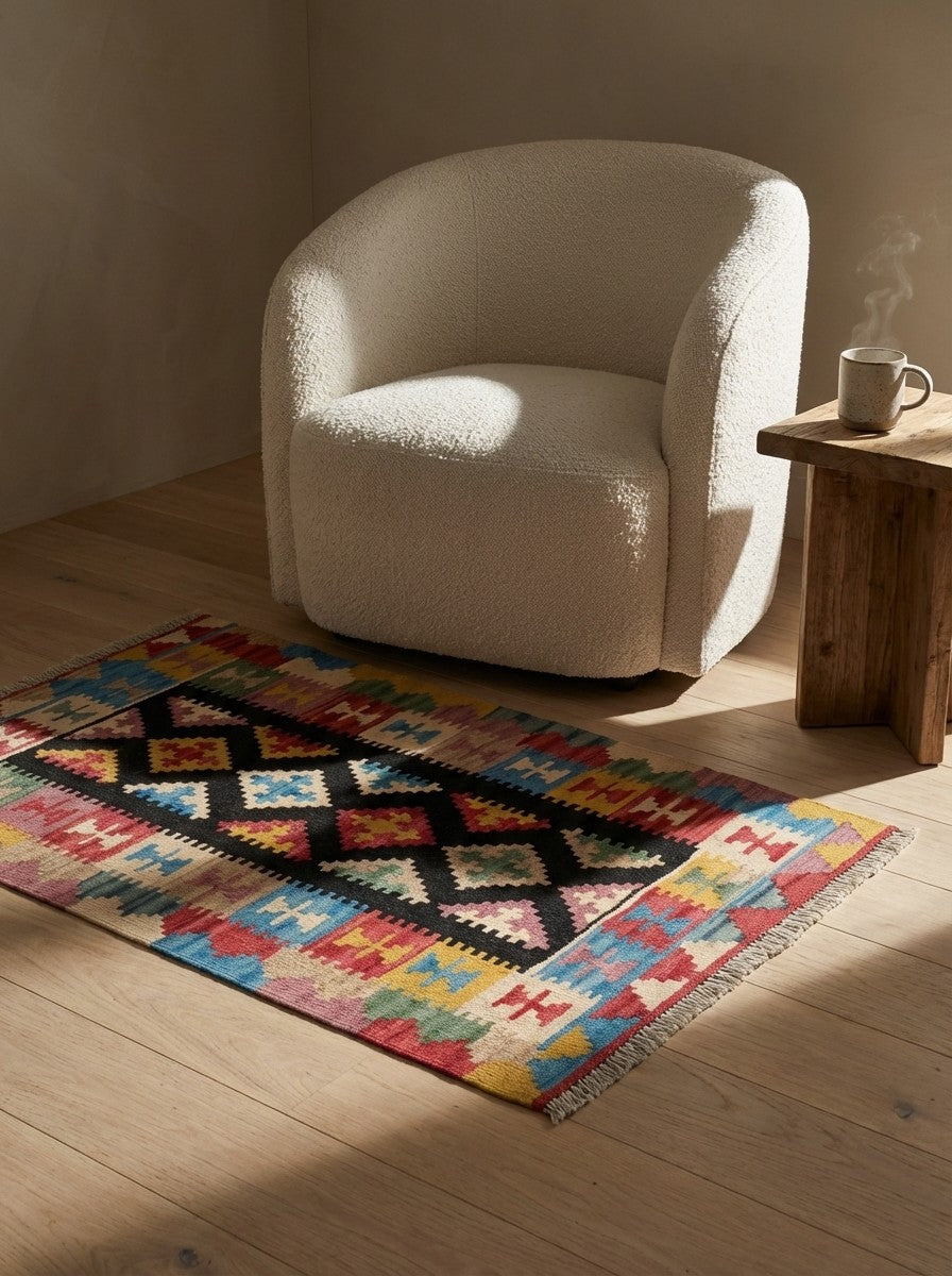 Kelim Gashgai — Handmade, 84x123 cm, Black, 100% Virgin Wool | Detail view