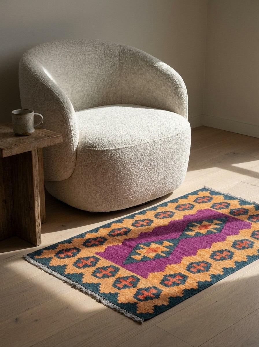 Kelim Gashgai — Handmade, 65x95 cm, Violett, 100% Virgin Wool | Detail view