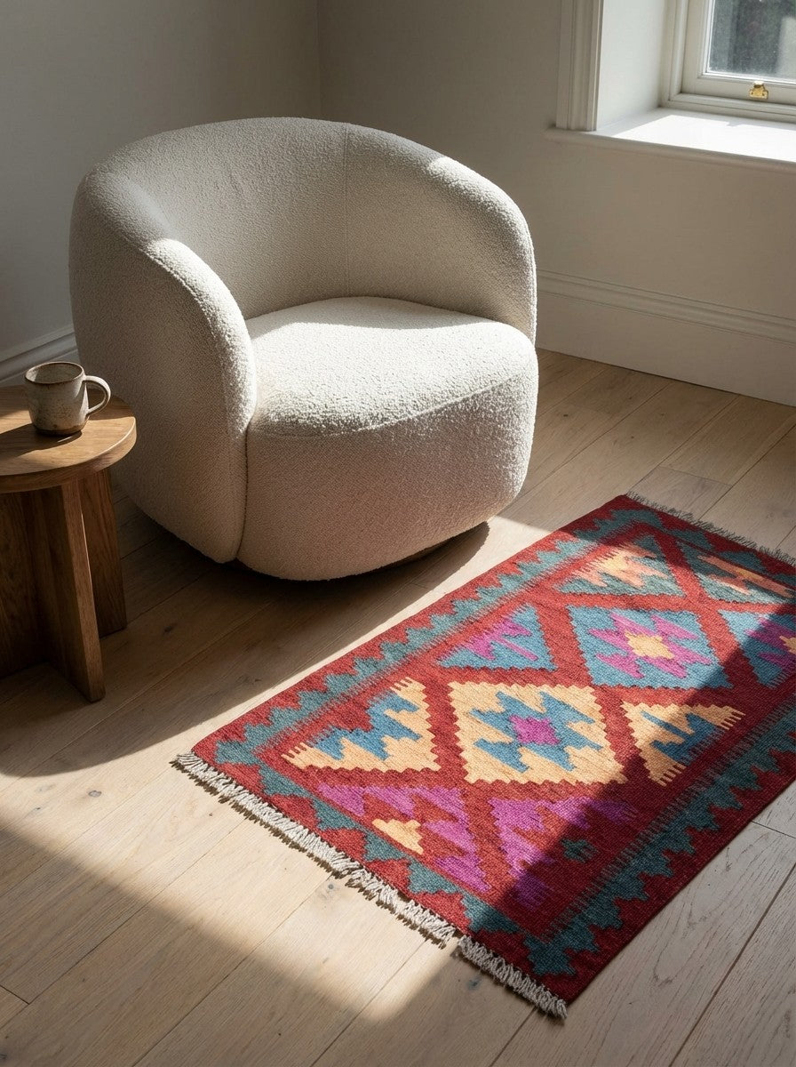 Kelim Gashgai — Handmade, 59x91 cm, Red, 100% Virgin Wool | Detail view