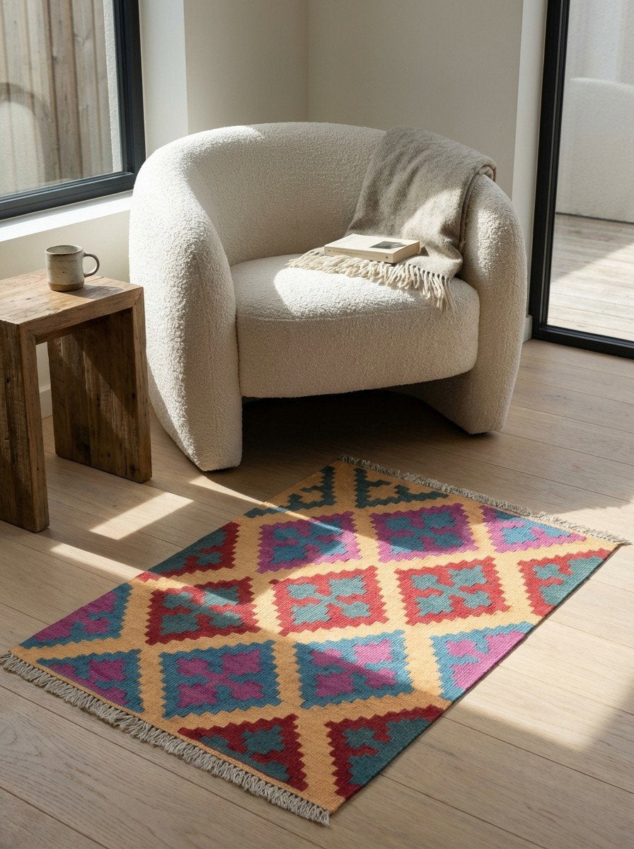 Kelim Gashgai — Handgefertigt, 89x67 cm, Bunt, 100% Virgin Wool | Detail view