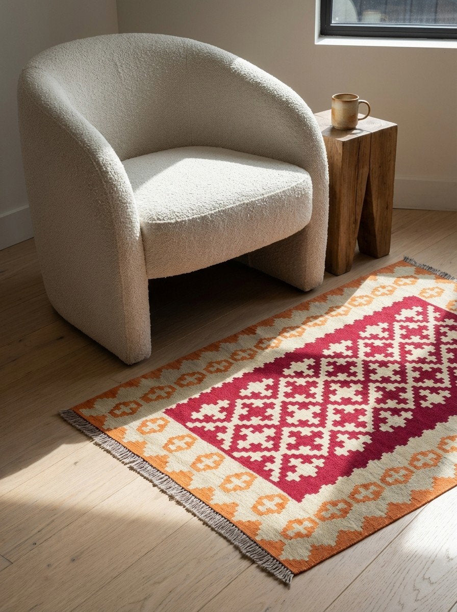 Kelim Gashgai — Handgefertigt, 151x105 cm, Beige, 100% Virgin Wool | Detail view