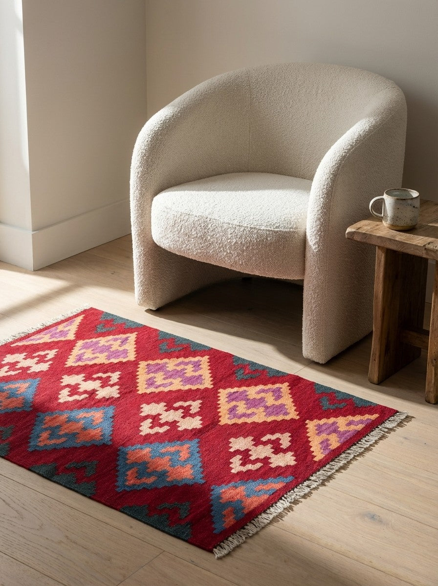 Kelim Gashgai — Handmade, 62x94 cm, Red, 100% Virgin Wool | Detail view