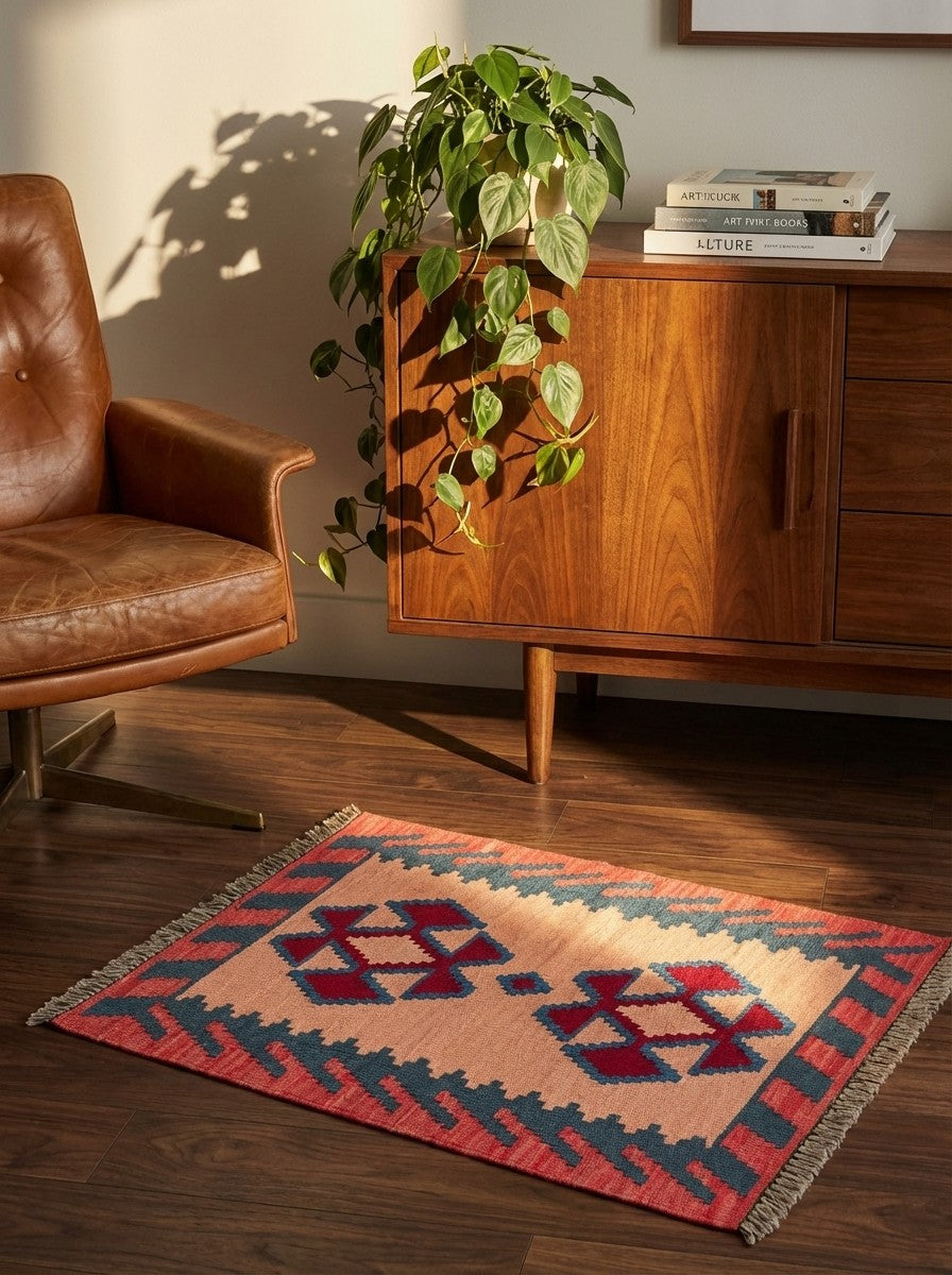Kelim Gashgai — Handmade, 61x89 cm, Beige, 100% Virgin Wool | Back view