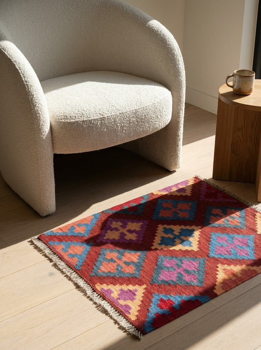 Kelim Gashgai — Handmade, 64x80 cm, Red, 100% Virgin Wool | Detail view