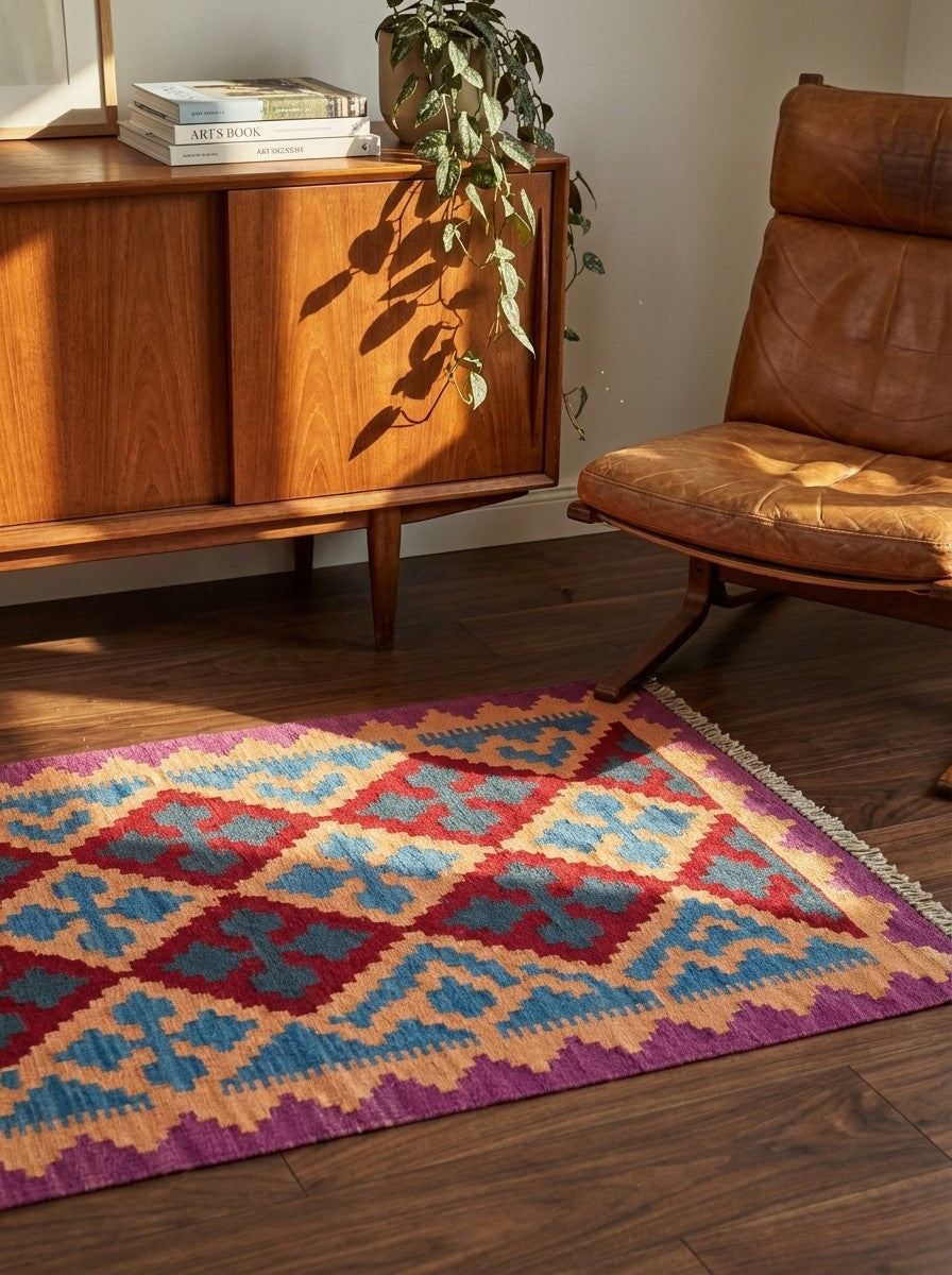Kelim Gashgai — Handmade, 64x103 cm, Beige, 100% Virgin Wool | Back view