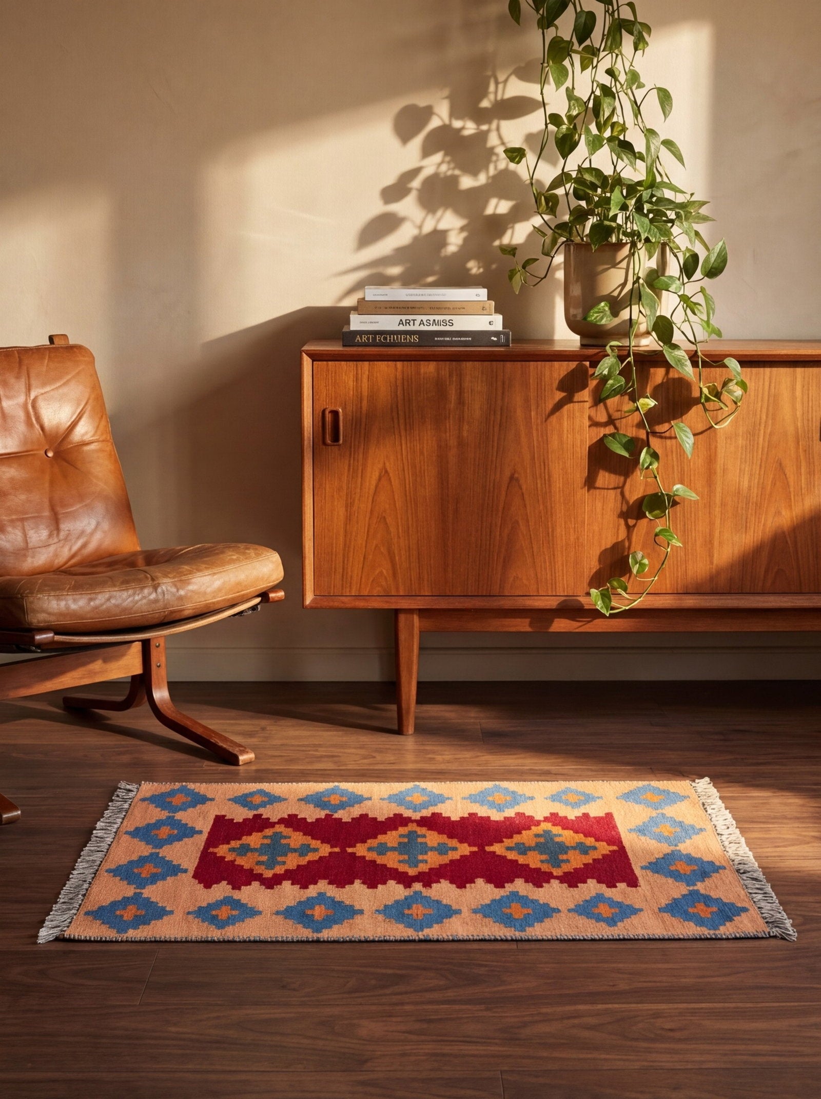 Kelim Gashgai — Handgefertigt, 89x57 cm, Beige, 100% Virgin Wool | Back view