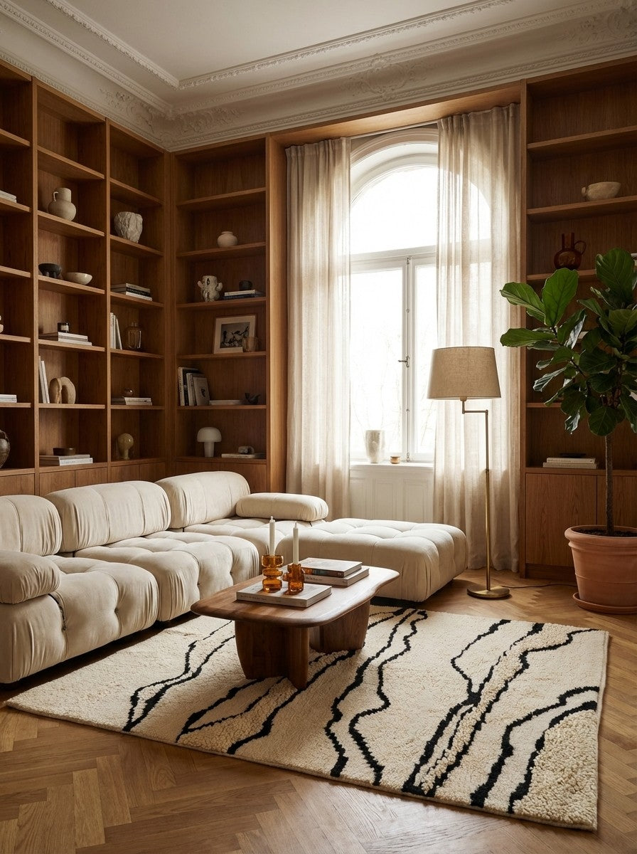 Morrocan Mirage — Hand-knotted, 120x180 cm, Beige, 100% Virgin Wool | Back view