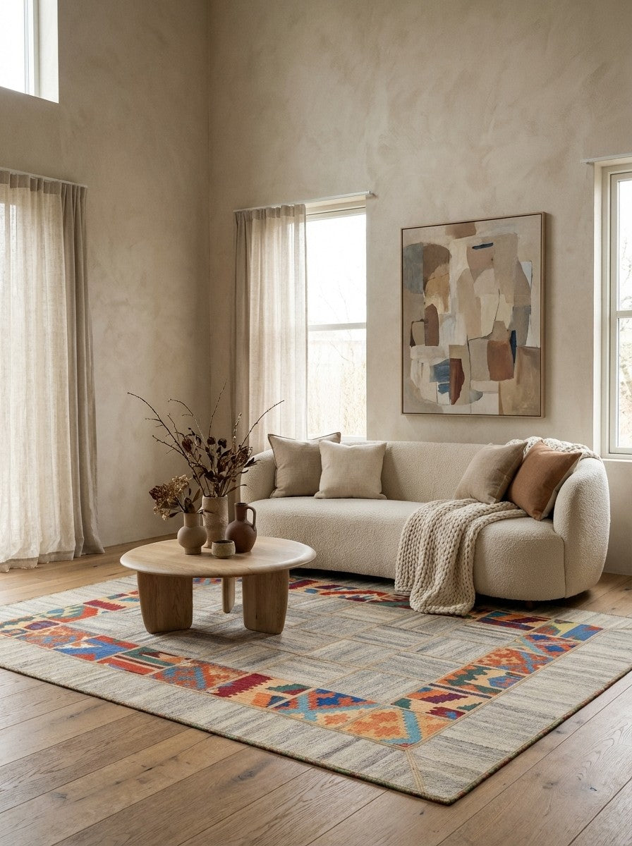 Kelim Tekkeh — Handmade, 150x200 cm, Beige, 100% Virgin Wool | Detail view