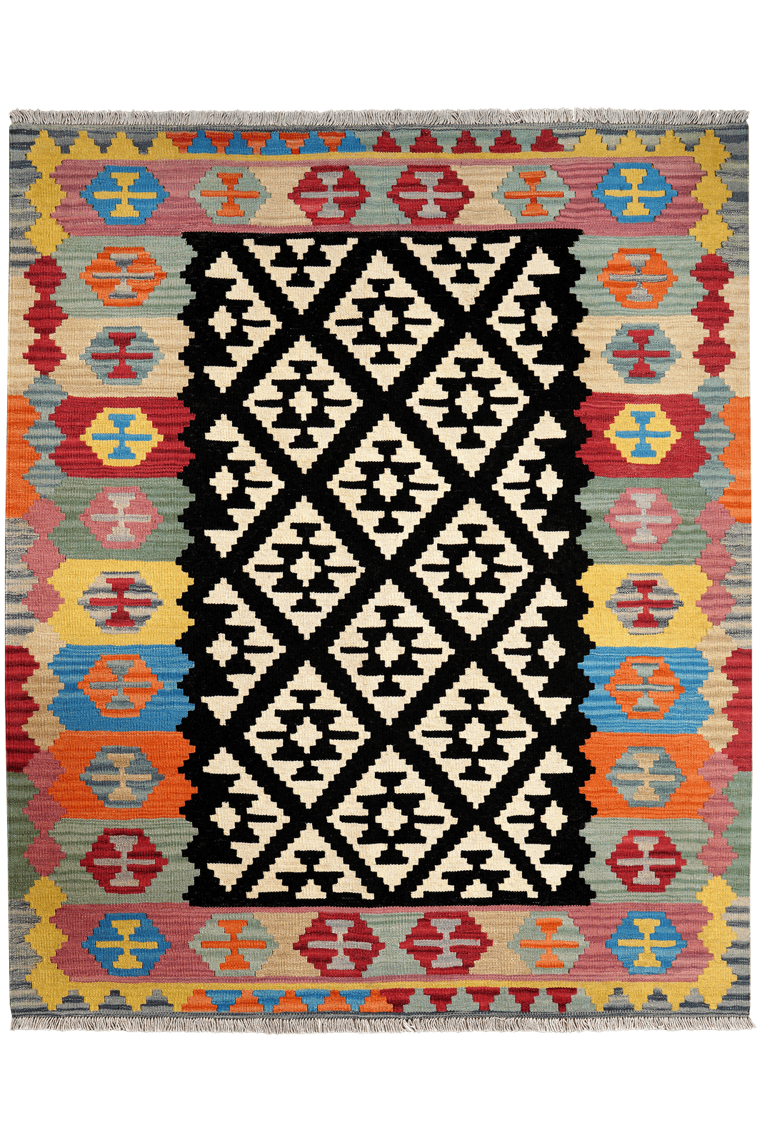 Kelim Gashgai — Handmade, 166x202 cm, Black, 100% Virgin Wool | Main view