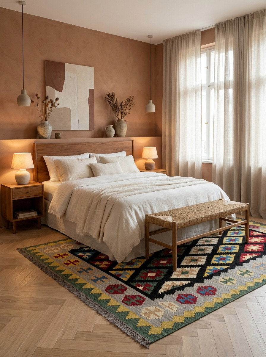 Kelim Gashgai — Handgefertigt, 263x206 cm, Grau, 100% Virgin Wool | Detail view